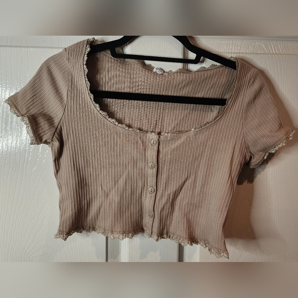 Garage Beige Lace Trim Ribbed Crop Top Size L